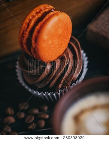 Chocolate Cake With Sweet Makaroon Bizet Cream Biscuits