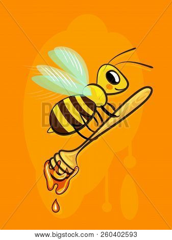 Character Good Cartoon Bee Carries Honey In Wooden Bucket For Honey, Honey Dipper. Illustration In V
