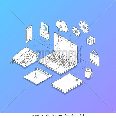 Line Vector Illustration Of Office Desk For It Solutions. Such Us Computer Connection, Telephony, In