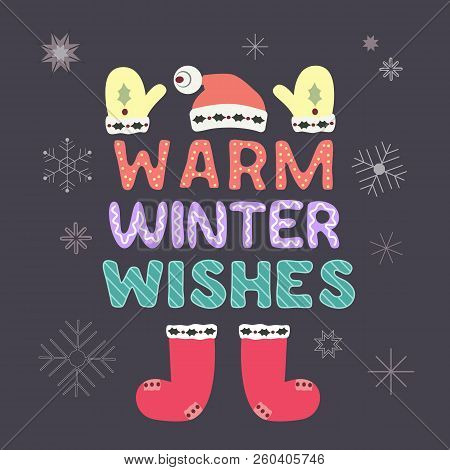 Christmas Holiday Decoration. Colorful Playful Cartoon. Doodle Showflake. Fancy Festive Lettering Wi