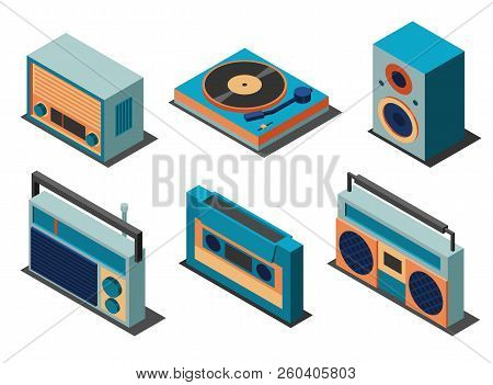 Retro Musical Equipment Set On A White Background.  Vector Illustartion Of Radio, Vinyl Player, Audi