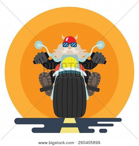A Biker Is Riding A Motorbike On The Road. Sunset On The Background.