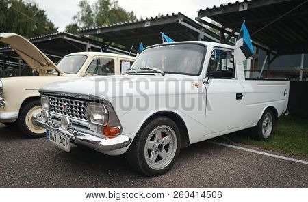 Riga, Latvia - September 2018: White Restored Soviet Union Pickup Truck Staying Parked At Auto Show.