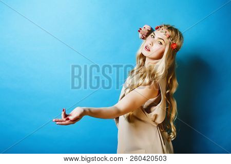 Young Blond Woman Dressed Like Ancient Greek Godess, Jewelry Clo