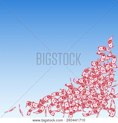 British Pound Notes Falling. Small Gbp Bills On Blue Sky Background. United Kingdom Money. Attractiv