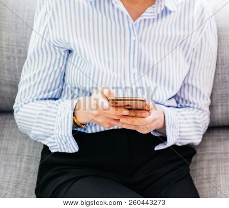 Paris, France - Sep 27, 2018: Square Image Of Elegant Woman Testing The Newest Latest Iphone Xs And 