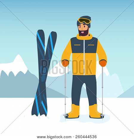 Cartoon Sportsman Skier Against The Background Of Snow-capped Mountains. The Concept Of Sport And Co