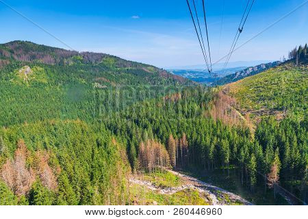 Shooting From The Cockpit Of The Funicular, View From The Height To The Mountains And The Valley