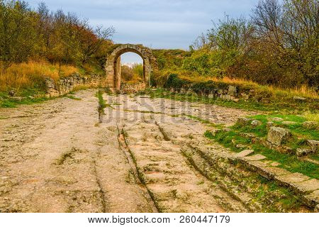 Road And Arch In The Cave Town Of Chufut-kale, Landmark Of The Crimea, Russia