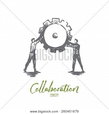 Work, Collaboration, Teamwork, Support, Cooperation Concept. Hand Drawn Co-workers With Gear Concept