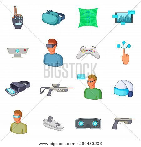 Virtual Reality Icons Set. Cartoon Illustration Of 16 Virtual Reality Icons For Web