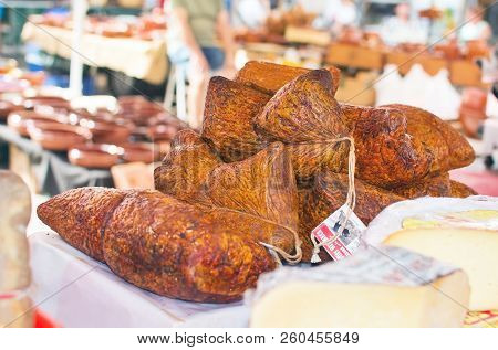 Mallorca, Spain - September 5, 2018: Sobrassada On Display In The Sineu Market On A Sunny Day On Sep