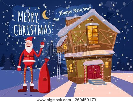 Funny Cute Santa Claus With A Bag Of Gifts Waving His Hand, Falling Snow, Snowflakes, Vector, Templa