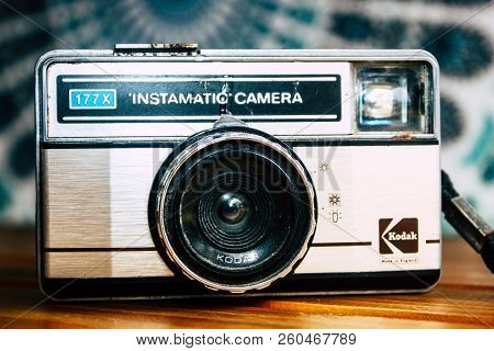 Kathmandu Nepal September 27, 2018 View Of An Old Kodak Instamatic Camera Resting On A Wooden Table 