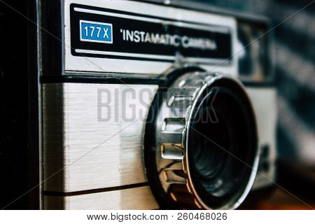 Kathmandu Nepal September 27, 2018 View Of An Old Kodak Instamatic Camera Resting On A Wooden Table 