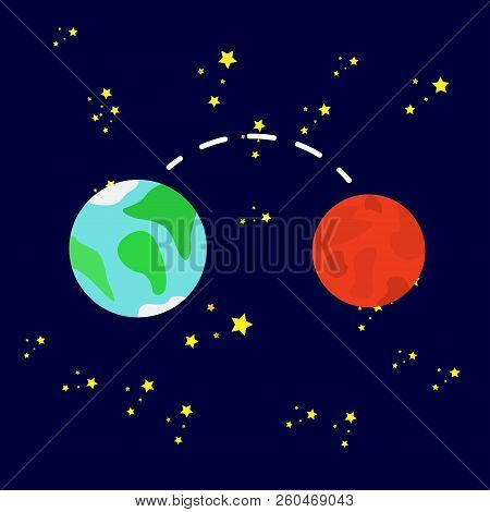 Vector Illustration, Inner Planets. Mars And Earth, The Path Between The Planets