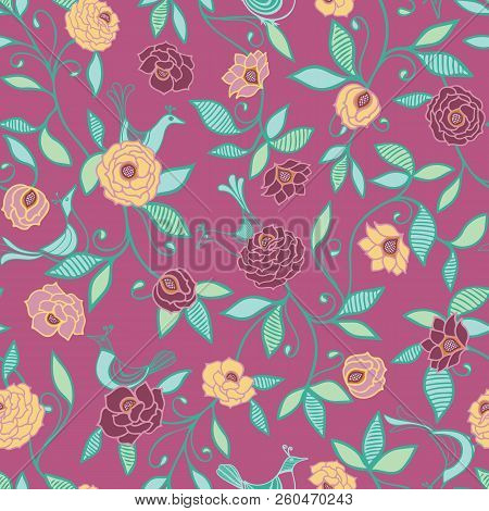 Pink Birds On Roses Seamless Pattern Vector Background