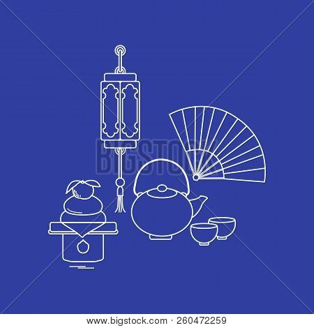 Eastern New Year Symbols. Chinese Lantern, Kettle With Two Cups, Fan, Kagami Mochi. Festive Traditio