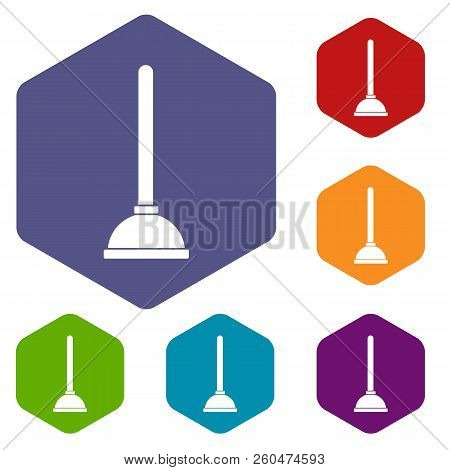 Toilet Plunger Icons Set Rhombus In Different Colors Isolated On White Background