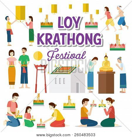 Loy Krathong. Thailand Festival Of Paying Respect To The Water Spirits. Vector