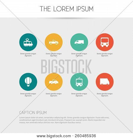 Set Of 8 Editable Shipment Icons. Includes Symbols Such As Bus, Air Balloon, Pick Up And More. Can B