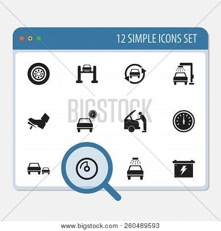 Set Of 12 Editable Car Icons. Includes Symbols Such As Car Lave, Overtaking, Speed Control And More.