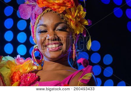Moscow, Russia- January 2017: Brazilian Carnival Show. Beautiful Girl Bright Colorful Carnival Costu