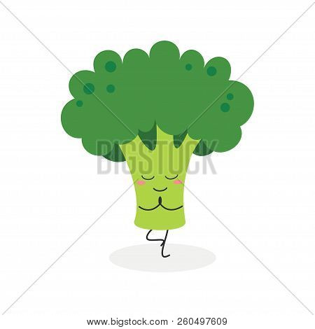 Cute Funny Cartoon Broccoli Practicing Yoga Doing Vrksasana Exercise. Vector Flat Illustration Isola