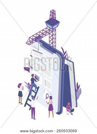 Group Of Tiny People Creating Or Building Mobile App Design On Giant Tablet Pc. Office Workers Worki
