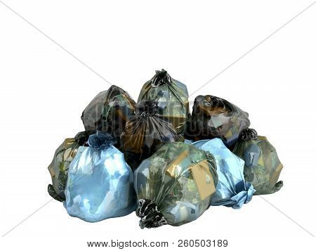 Close Up Of A Garbage Bags Stack 3d Render On White Background No Shadow
