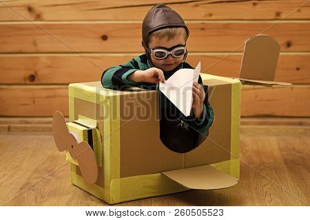 Dream, Career, Adventure, Education. Air Mail Delivery, Aircraft Construction. Little Boy Child Play