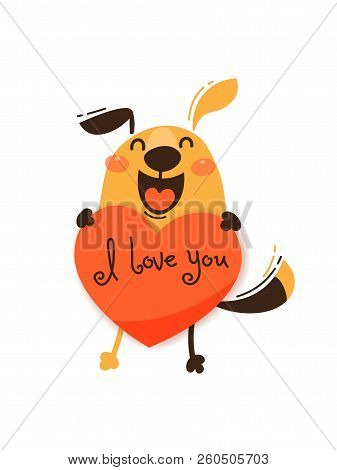 A Happy Dog With A Valentine And Message I Love You. Vector Illustration In Cartoon Style