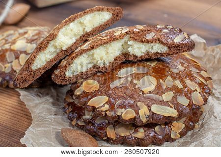 Sweet Dessert For Autumn Season, Dutch Filled Cookies With Marzipan And Almonds
