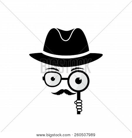 Unknown Man With A Mustache In Hat, Spectacles And A Magnifying Glass In Hand. Inspector. Detective 