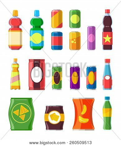 Snacks Drinks Set. Chips Sandwich Crisps Chocolate Product Plastic Biscuit Water Bar Container Soda 