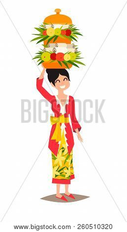 Indonesian Woman With An Offering To The Spirits Vector Illustration. Bali Culture Art. Traditional 