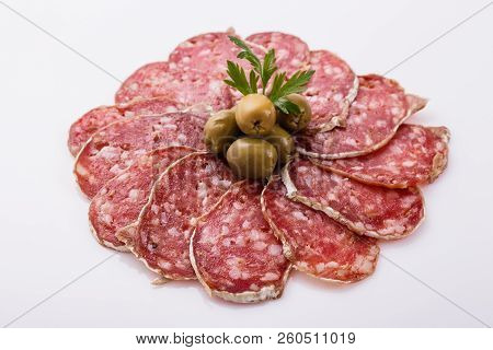 Saucisson Sec Delicious French Salami On A White Background