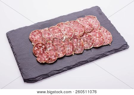 Saucisson Sec Delicious French Salami On A White Background