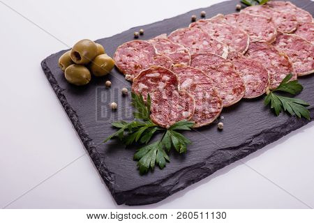 Saucisson Sec Delicious French Salami On A White Background