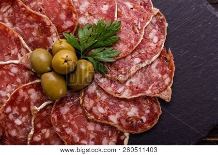 Saucisson Sec Delicious French Salami On A Wooden Background