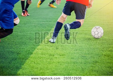 Soccer Players Trap And Control The Ball For Shoot To Goal.