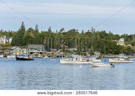Bass Harbor, Maine, Usa - September 21, 2018: Lobster Boat Double Trouble Moored Among Other Boats I