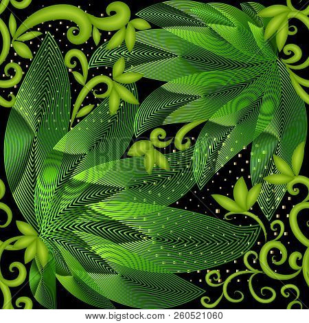 Bright Green Leavy 3d Vector Seamless Pattern. Textured Striped