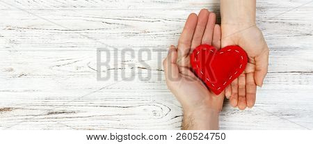 Help, Heart In Hand On Wood Background. Valentine Day Concept. Banner For Advertising And Design, Pr