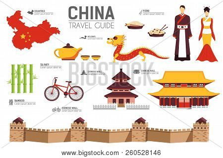 Country China Travel Vacation Guide Of Goods, Places And Features. Set Of Architecture, Fashion, Peo