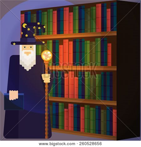 Pixel Wise Mage With  Staff In Library . Cool And Funny Cartoon Charachter For Games . Wizard For Pr