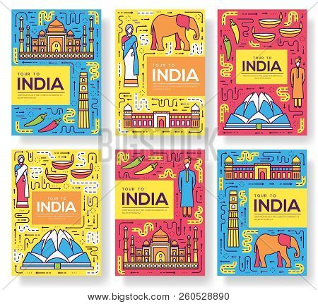 India Vector Brochure Cards Thin Line Set. Country Travel Template Of Flyear, Magazines, Posters, Bo