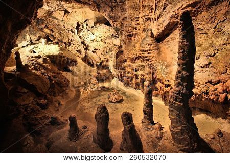 Szemlohegyi Cave In Budapest, Hungary. Stalactites And Flowstone.
