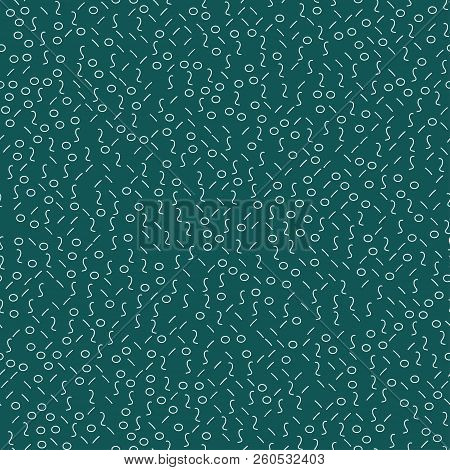 Memphis Abstract Geometric Shapes Seamless Pattern On Green Background, Vector