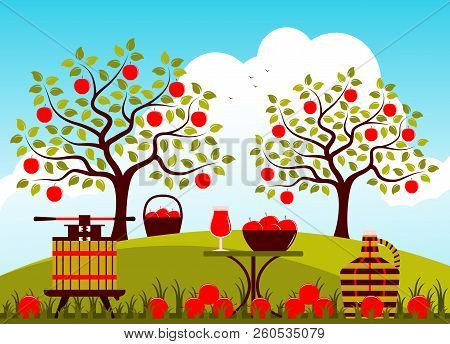 Vector Fruit Press, Demijohn And Table With Apple Drink In Apple Orchard